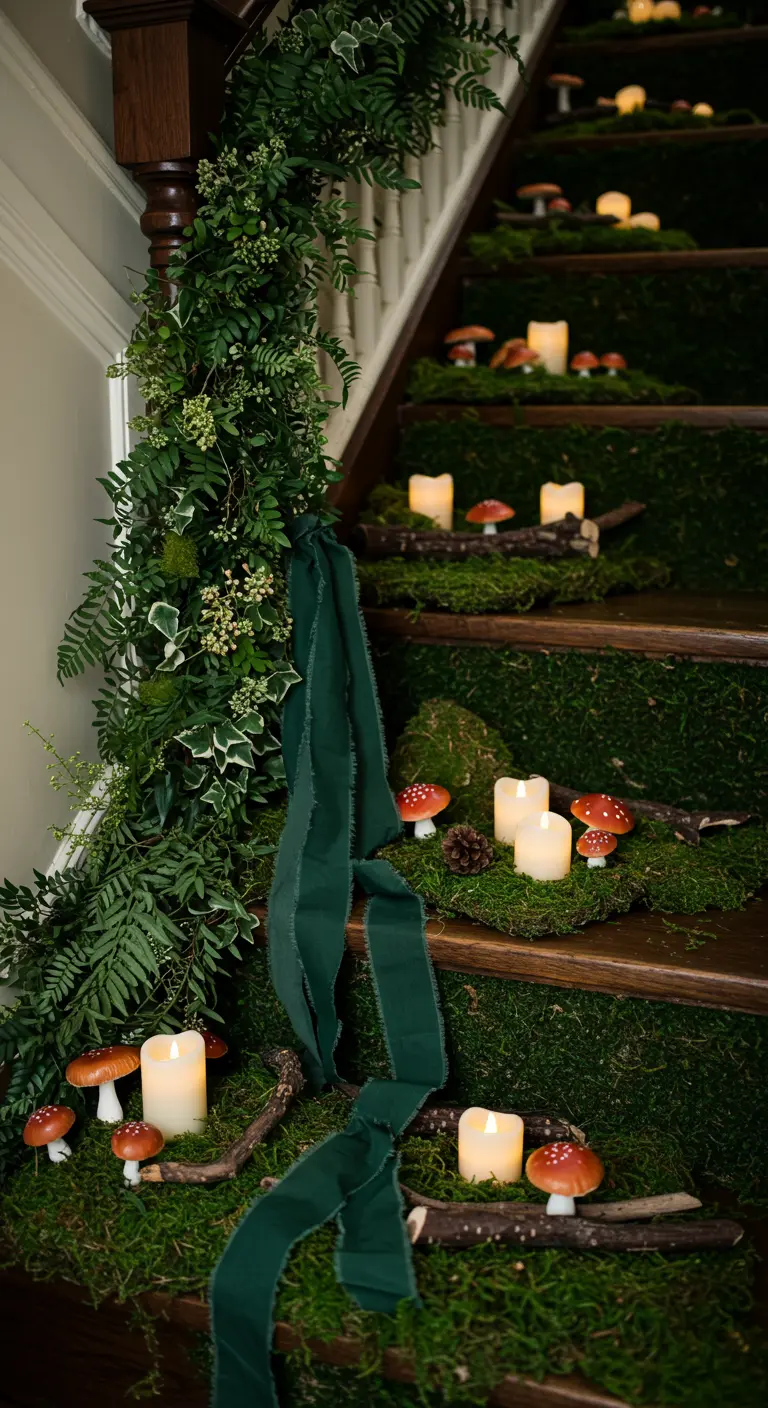 Escalier transformé en sous-bois avec de la mousse, des champignons et des bougies LED.