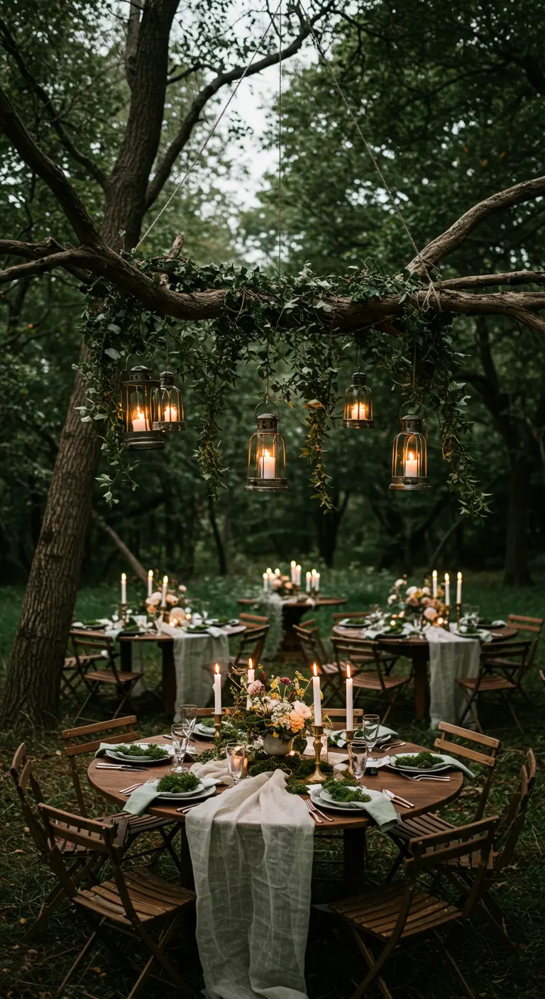 Tables de mariage rondes en forêt, éclairées par des lanternes suspendues à une branche.