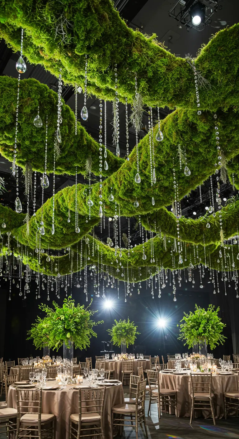 Structures géantes couvertes de mousse et de cristaux suspendues au-dessus de tables de réception.