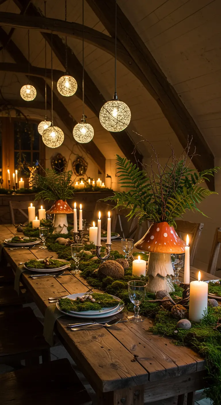 Table en bois décorée sur un thème de forêt enchantée avec de la mousse, des fougères et des champignons.