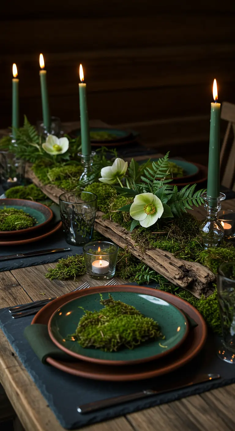 Table rustique avec vaisselle verte, un centre de table en bois et de la mousse.