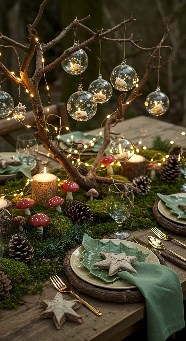 Centre de table avec une branche, de la mousse et des boules de verre suspendues.