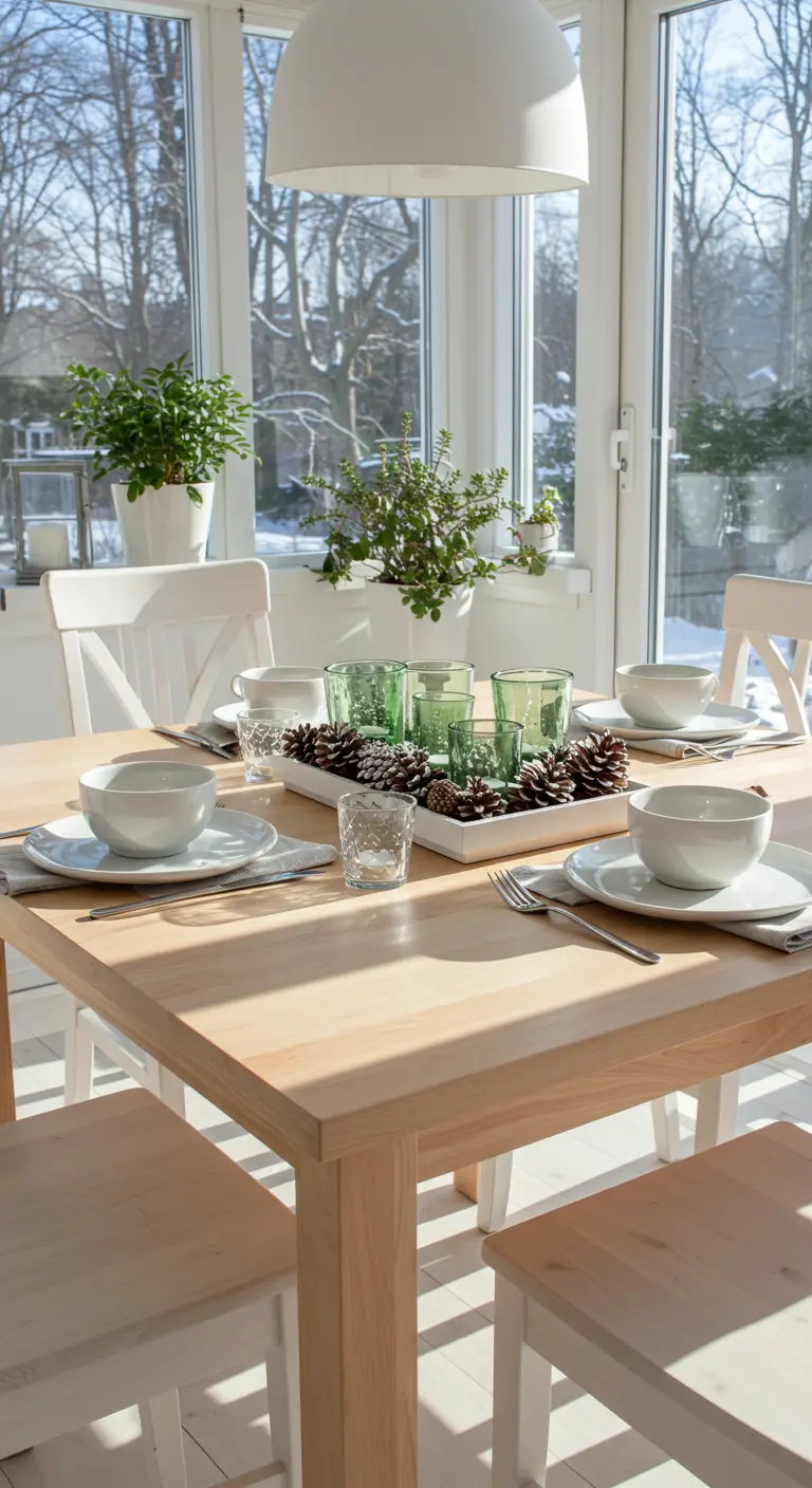 Centre de table sans bougies avec plateau blanc, pommes de pin et verres colorés.