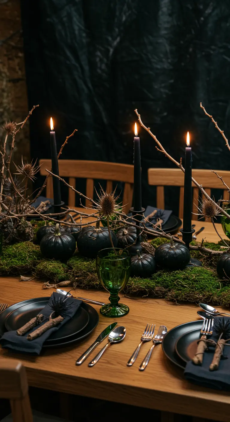 Centre de table avec de la mousse, des citrouilles noires et des bougies.