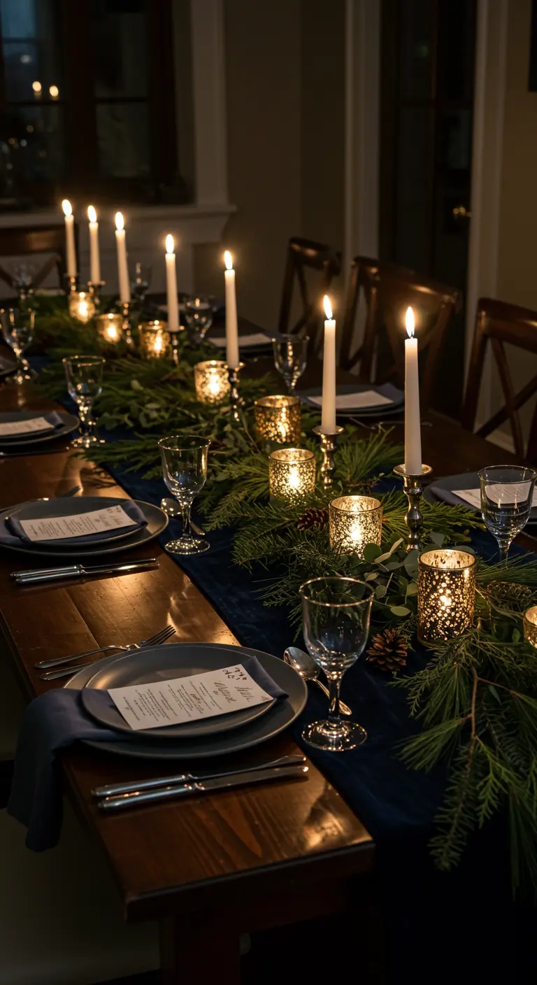 Guirlande de sapin dense avec de hautes bougies et des photophores dorés.