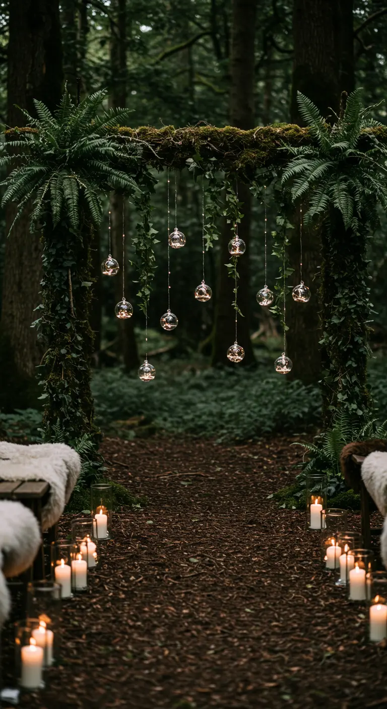 Arche de mariage en bois dans la forêt avec des boules de verre lumineuses suspendues.