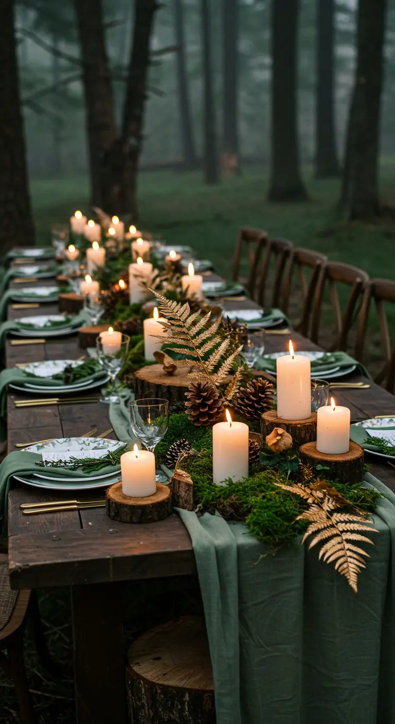 Table en bois dans la forêt avec de la mousse, des pommes de pin et des bougies.