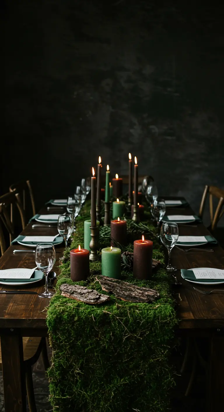 Table de dîner sombre et Moody avec un chemin de table en mousse véritable et des bougies vertes et bordeaux.