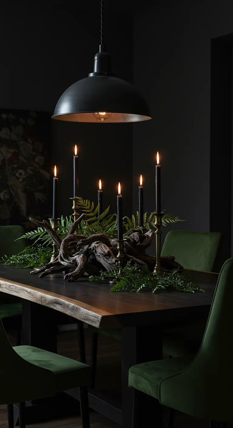 Centre de table dramatique avec bois flotté, fougères et bougies noires sur table en bois.