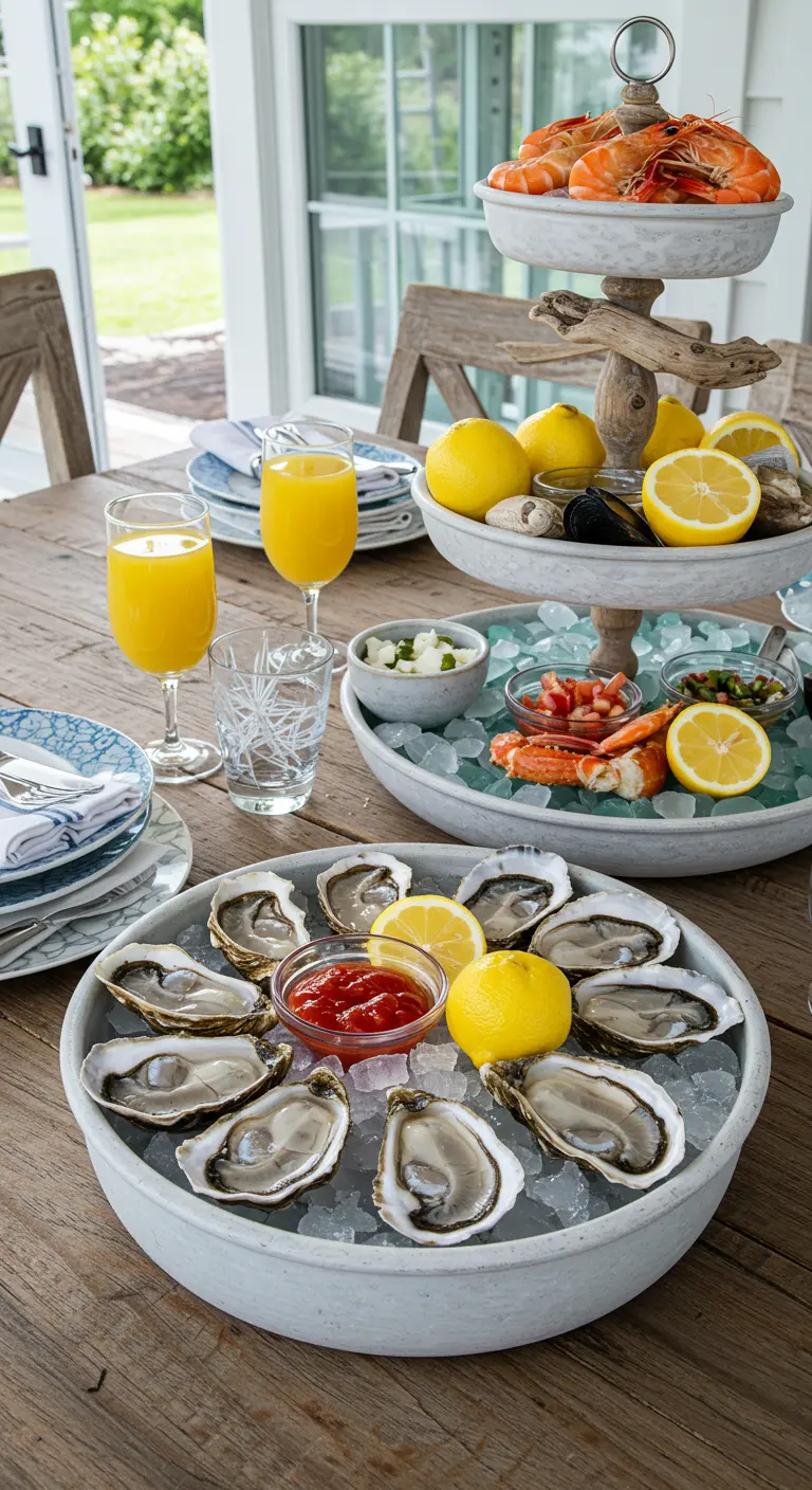 Plateau de fruits de mer sur un serviteur en bois, avec des huîtres sur glace.