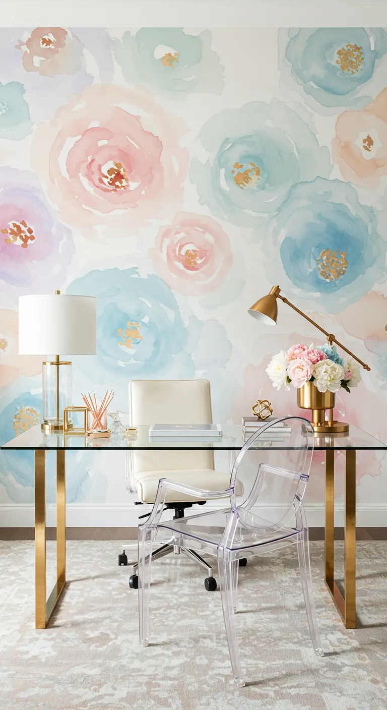 Bureau design en verre et laiton devant un mur recouvert d'un papier peint à fleurs aquarelle.