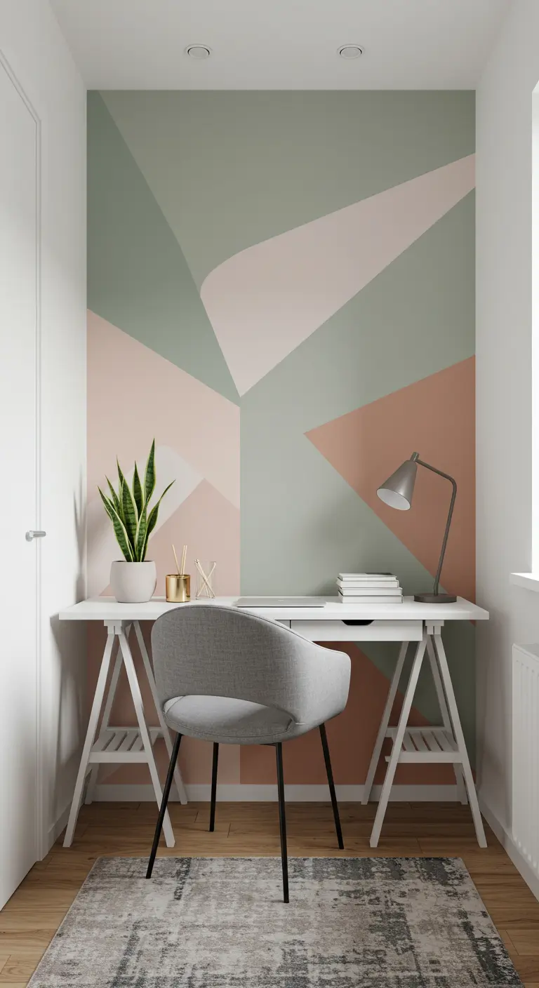 Bureau minimaliste devant un mur peint avec des formes géométriques dans les tons vert sauge et rose poudré.