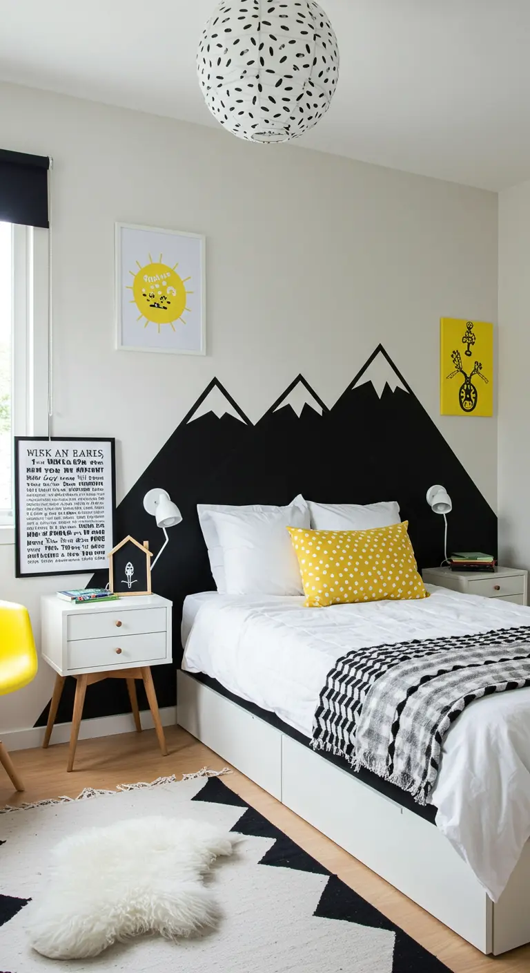 Une silhouette de montagnes noires peinte sur le mur sert de tête de lit graphique et ludique.