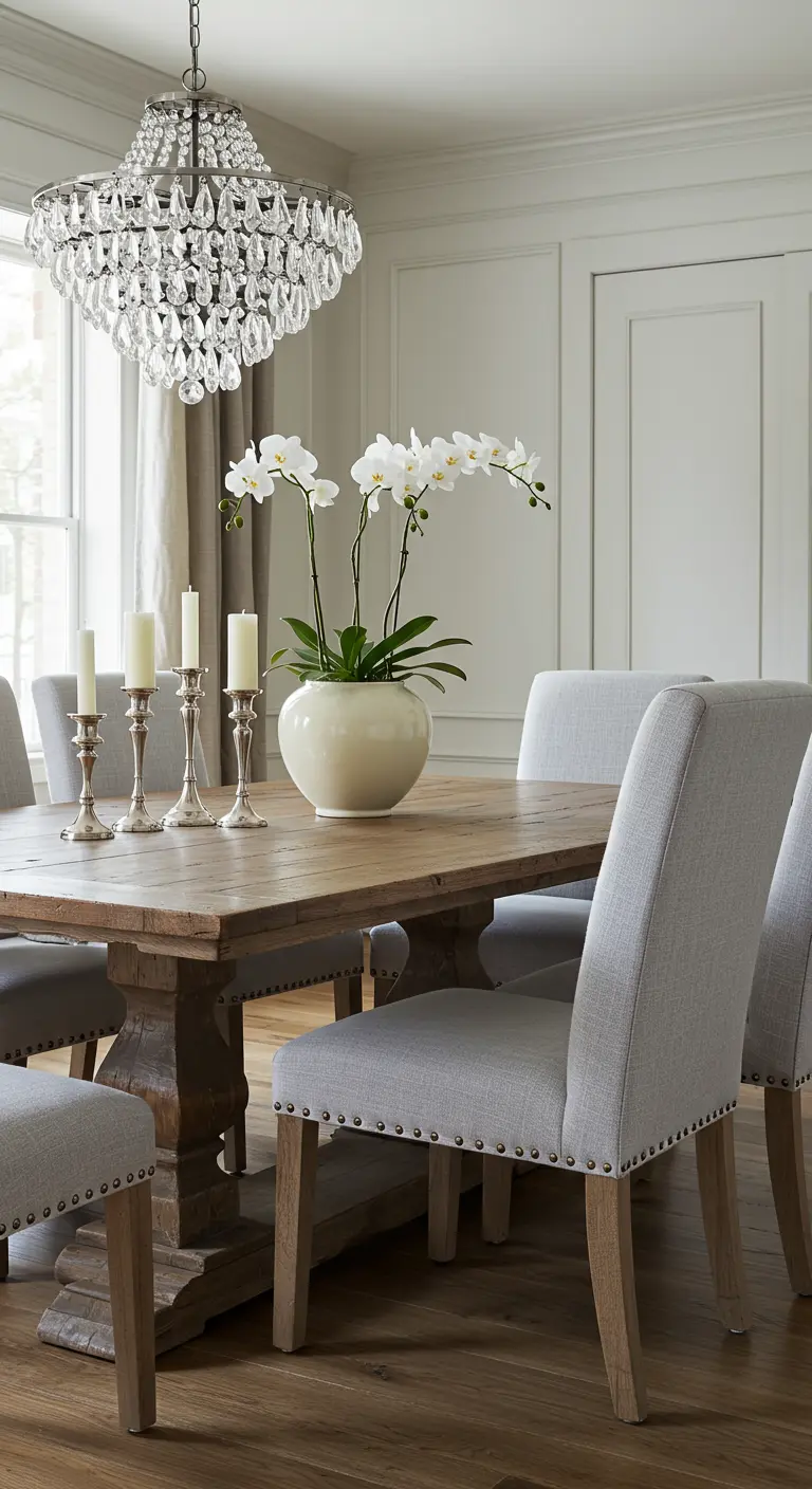 Table en bois rustique sous un lustre en cristal, avec des chaises en lin et des orchidées blanches.