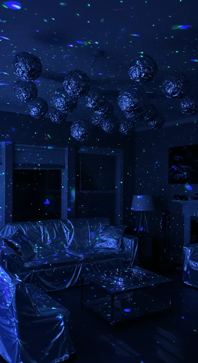 Sphères en papier d'aluminium suspendues au plafond dans une pièce sombre éclairée en bleu.