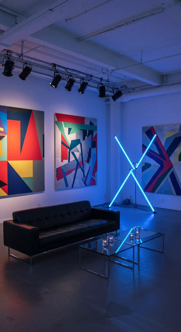 Galerie d'art minimaliste avec des néons bleus croisés au sol.