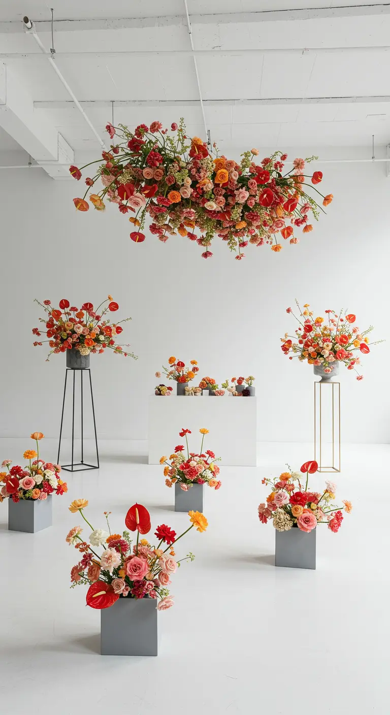 Espace blanc minimaliste avec une grande suspension florale et des bouquets colorés sur des socles.
