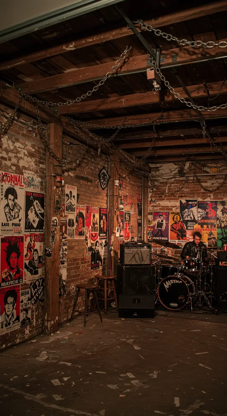 Scène de répétition punk-rock dans un garage avec des murs couverts d'affiches.