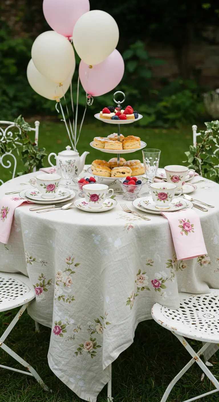Table de goûter en extérieur avec vaisselle florale, scones et ballons roses.