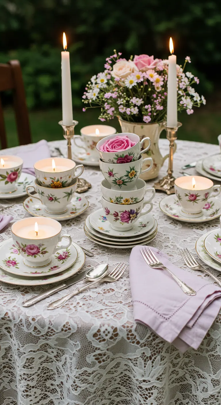 Des tasses à thé florales utilisées comme bougeoirs sur une table en dentelle.