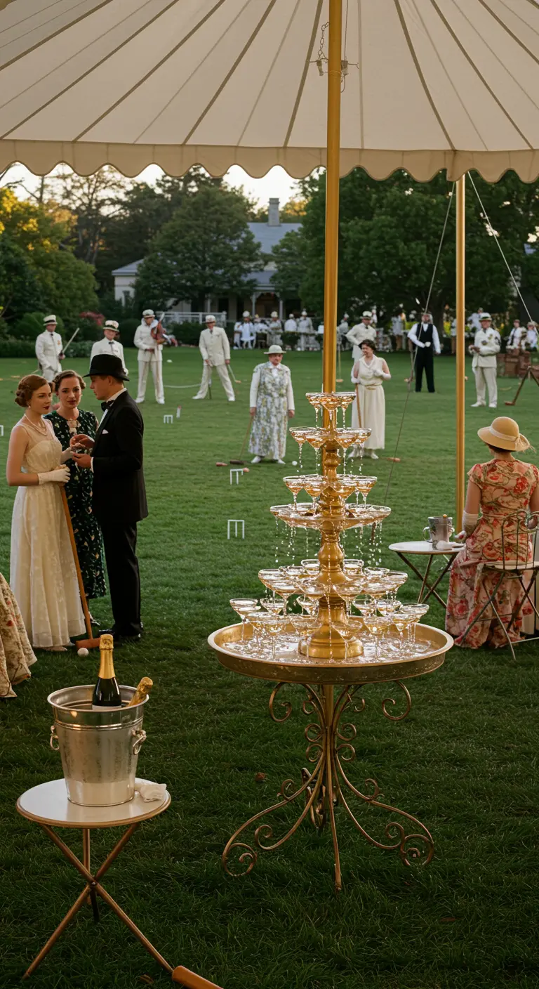 Garden party style années 20 avec une tour de verres à champagne.