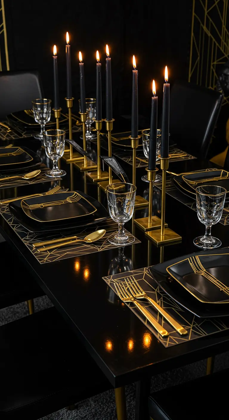 Table de fête Art déco noire et or avec des bougies noires élancées.