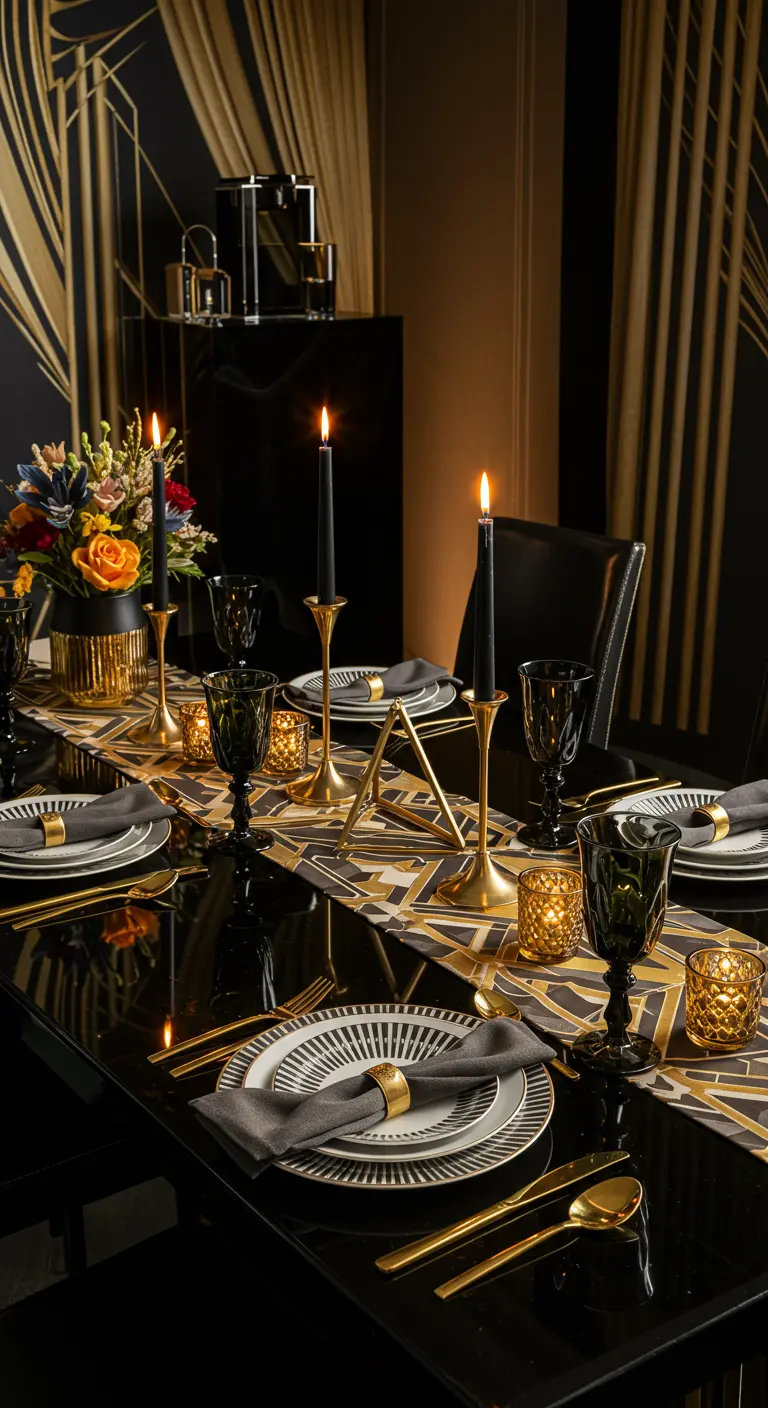 Table Art Déco noire et dorée avec de longues bougies noires.