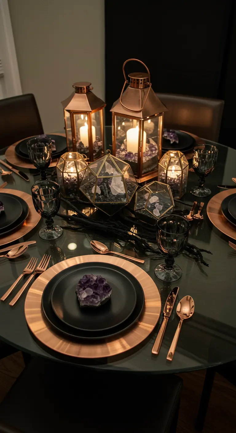 Table ronde noire avec des sets de table cuivrés et des lanternes géométriques.