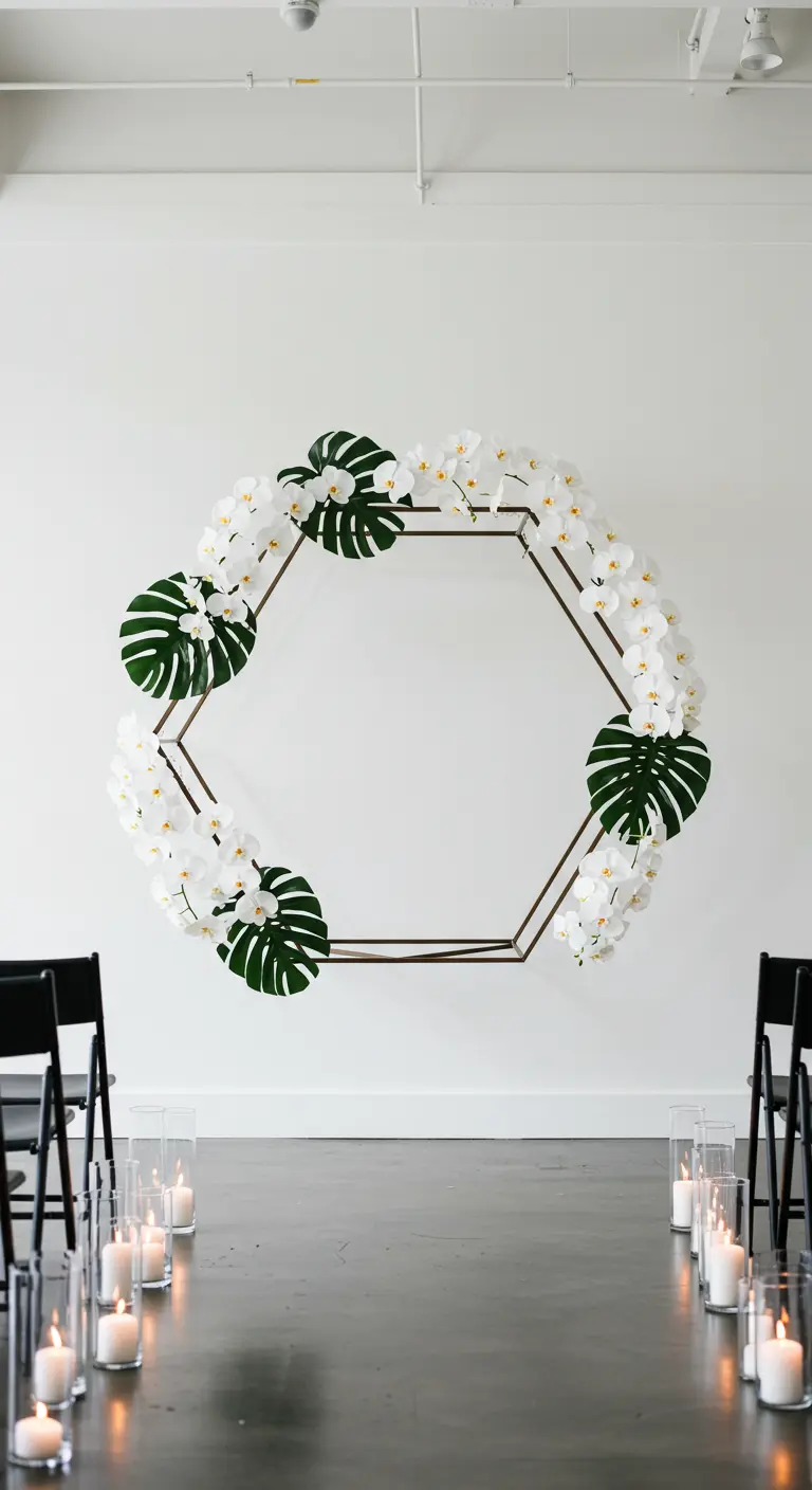 Arche hexagonale dorée avec orchidées blanches et feuilles de monstera.