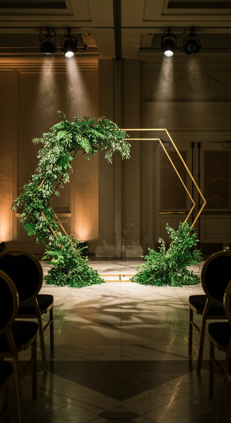 Arche de mariage hexagonale dorée avec un arrangement de feuillage asymétrique.