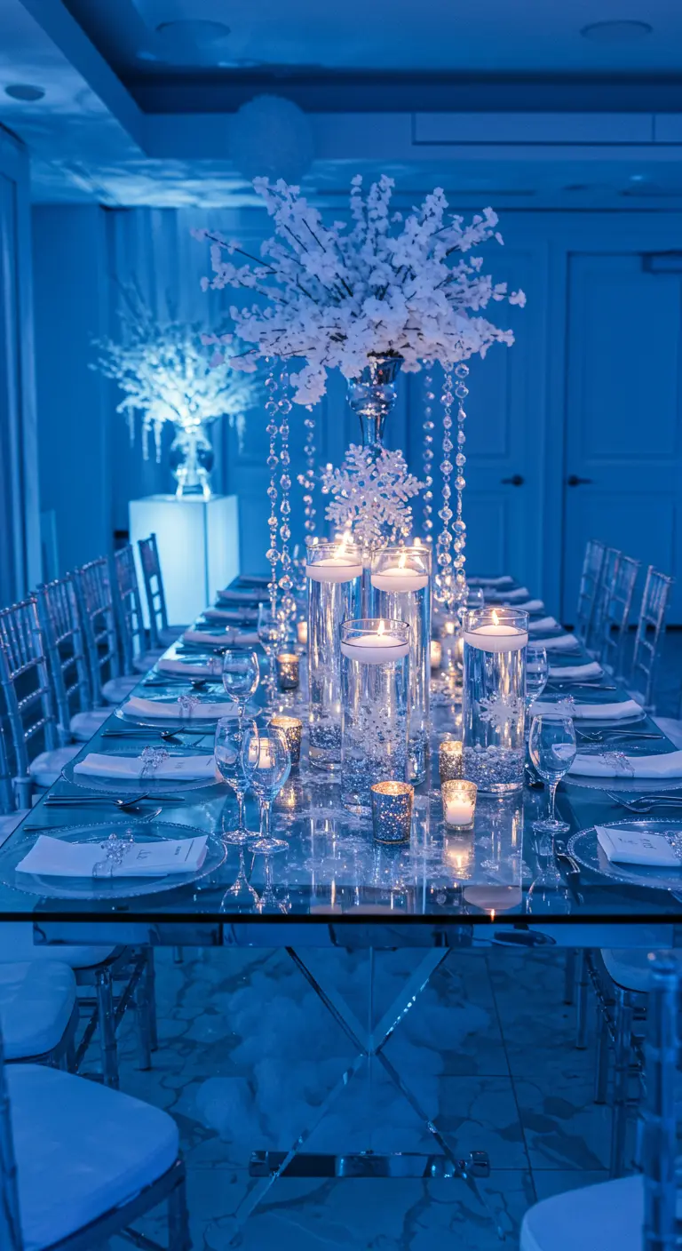 Table de fête avec une décoration glaciale bleue, des vases hauts et des fleurs blanches.
