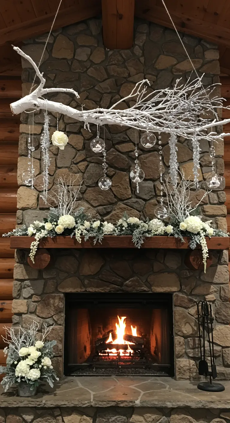 Branche peinte en blanc avec pampilles de cristal suspendue sur une cheminée.