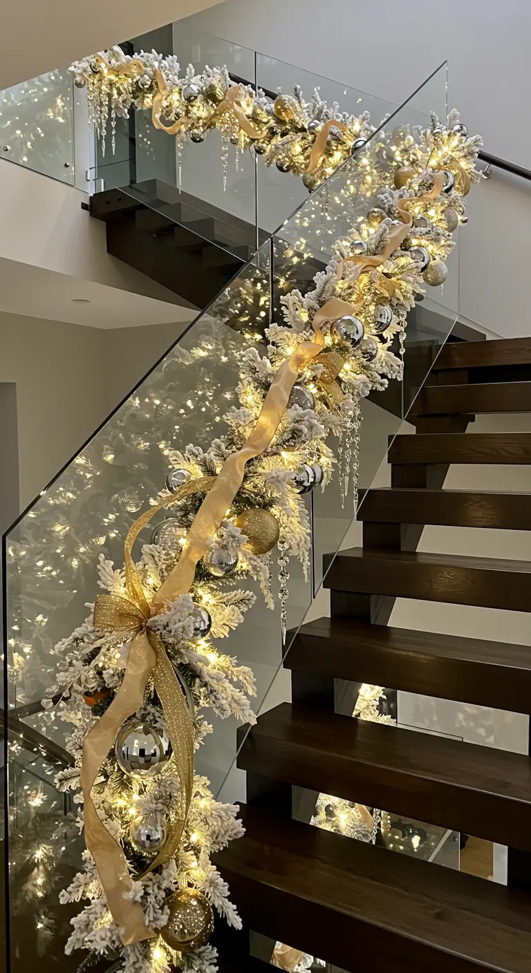 Guirlande floquée sur une rampe en verre, ornée de boules argentées et d'un ruban doré.