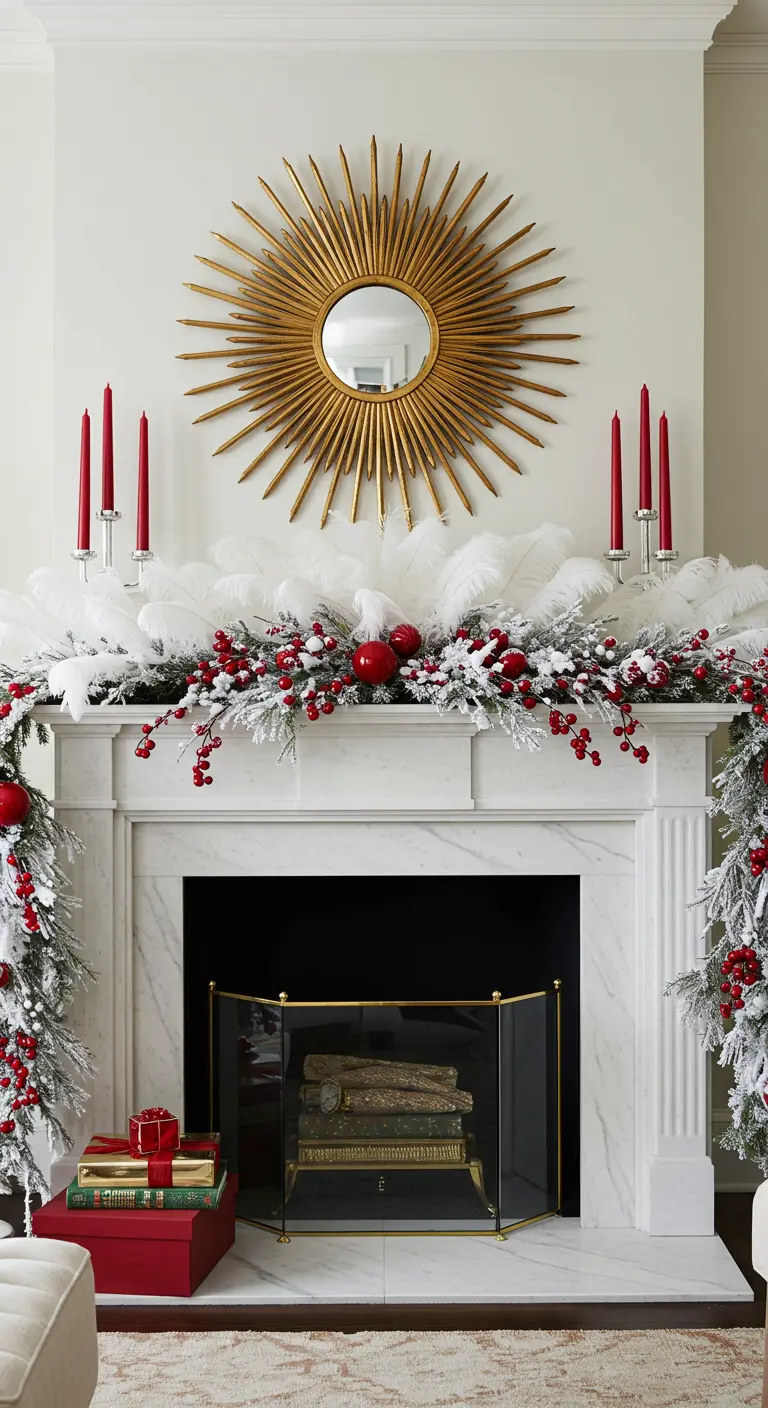 Cheminée blanche avec un grand miroir soleil, une guirlande enneigée décorée de plumes blanches.