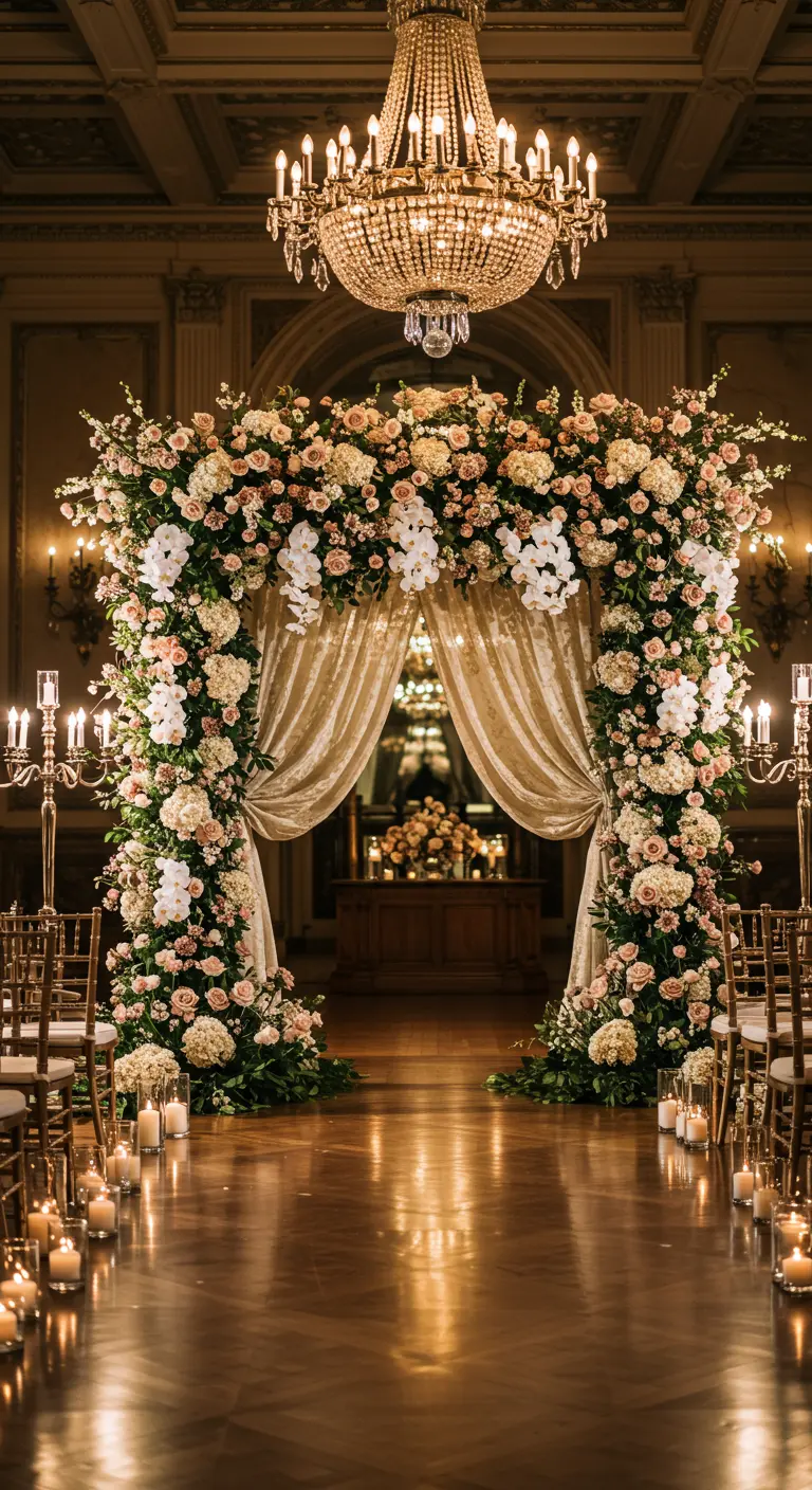 Arche florale massive et luxueuse dans une salle de bal avec un lustre.