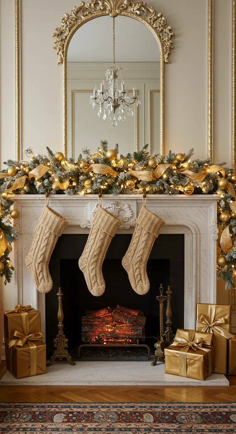 Cheminée blanche et or avec des chaussettes tricotées couleur champagne.