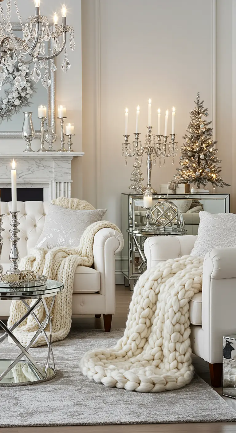 Salon glamour blanc avec plaids en grosse maille, lustre en cristal et chandeliers argentés.