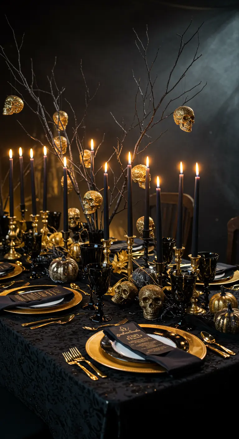 Table de fête noire et or avec des crânes dorés suspendus à des branches.
