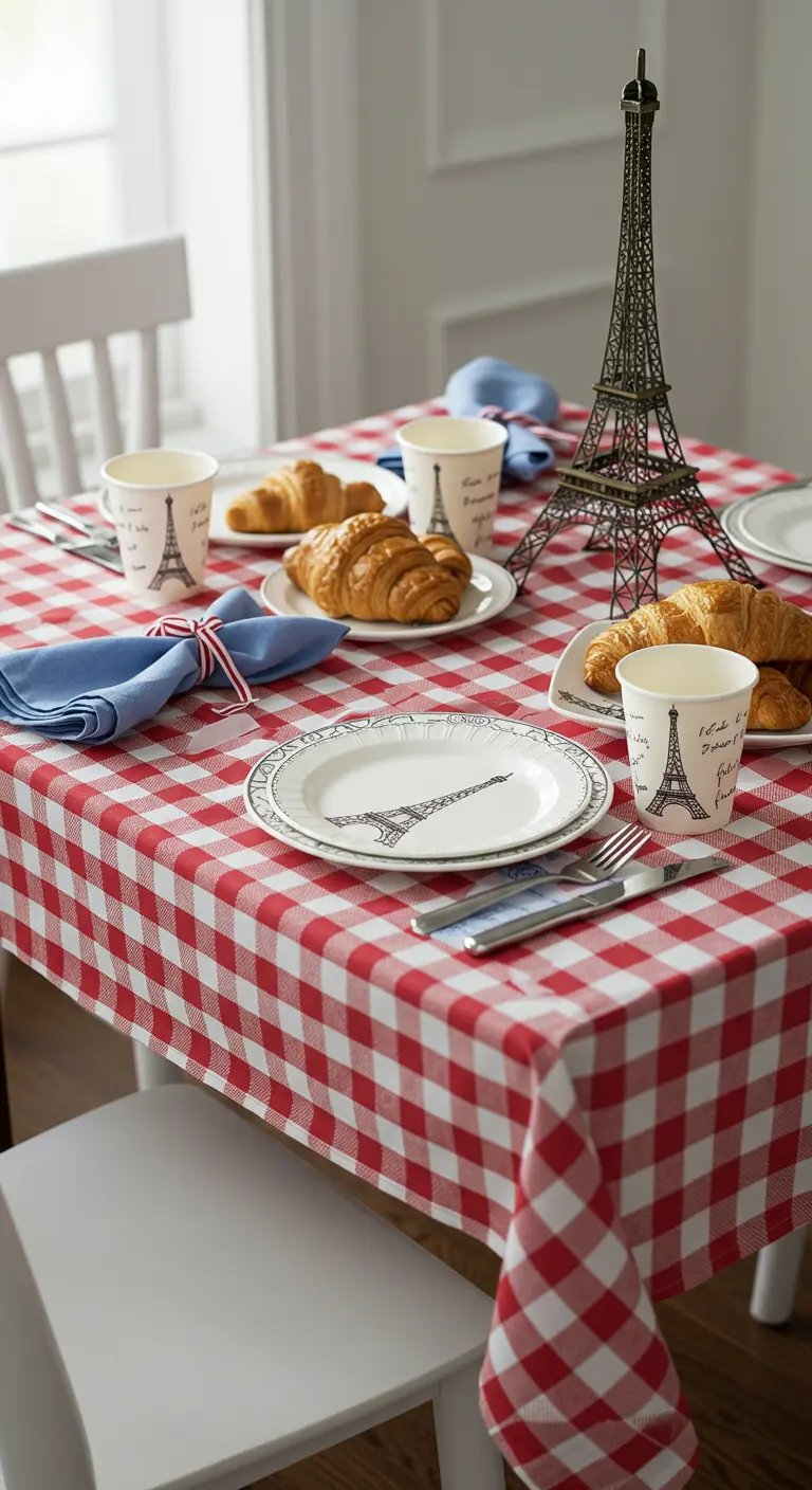 Table décorée sur le thème de Paris avec une nappe vichy rouge et une Tour Eiffel.