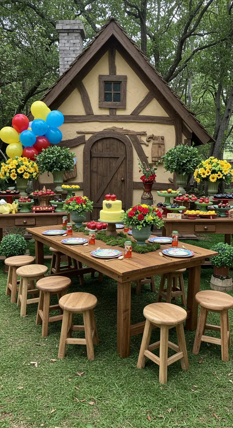 Table de goûter devant une chaumière rustique, thème Blanche-Neige.
