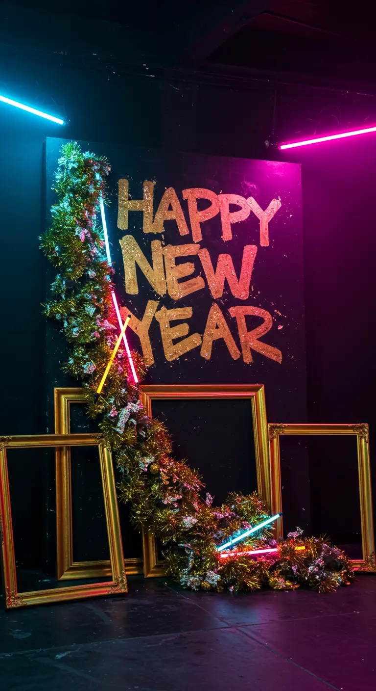 Décor de Nouvel An urbain avec graffiti, néons colorés et cadres dorés.