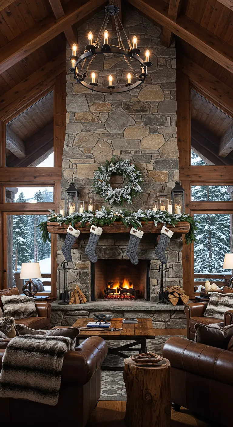 Imposante cheminée en pierre avec chaussettes grises et grande couronne enneigée.