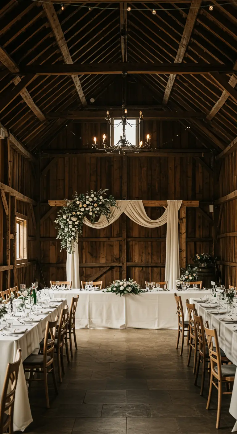 Table de mariage dans une grange, avec décoration florale sur une poutre en bois.