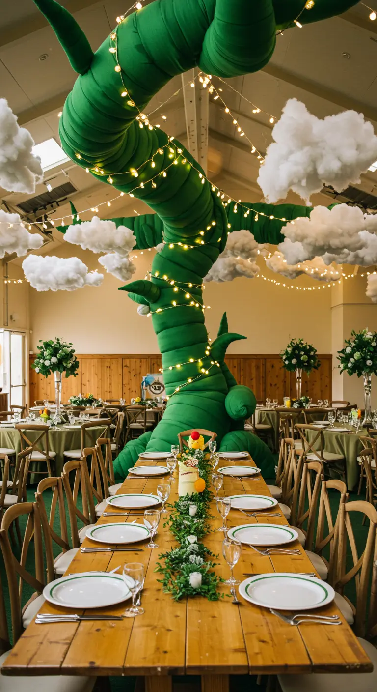 Haricot magique géant traversant une salle de réception, avec des nuages au plafond.