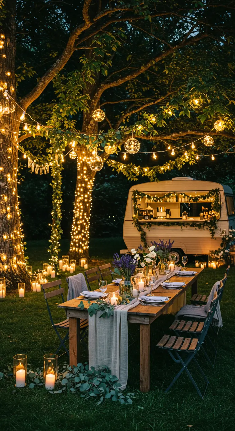 Dîner en plein air la nuit avec un bar caravane et des guirlandes lumineuses dans les arbres.