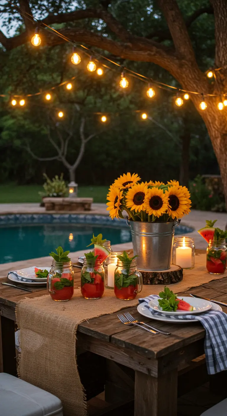 Table de dîner rustique avec tournesols, bocaux Mason et guirlande lumineuse.