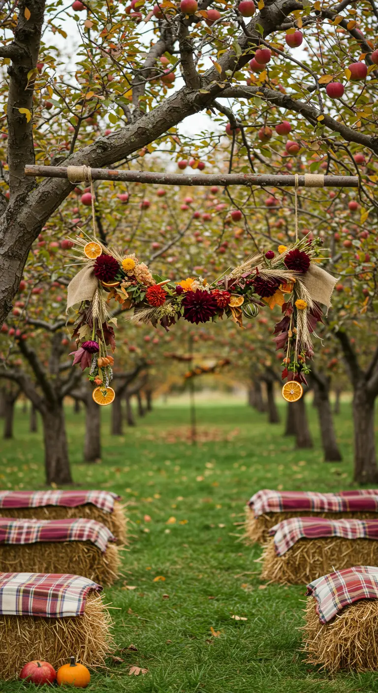 Branche suspendue décorée de fleurs d'automne et d'oranges séchées.