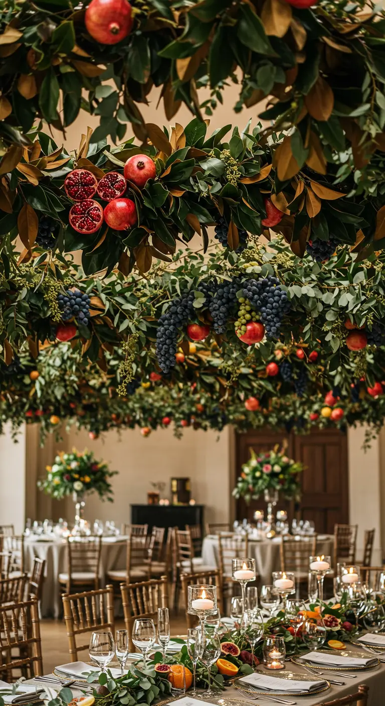 Plafond couvert de guirlandes de verdure luxuriante ornées de grenades et de raisins.