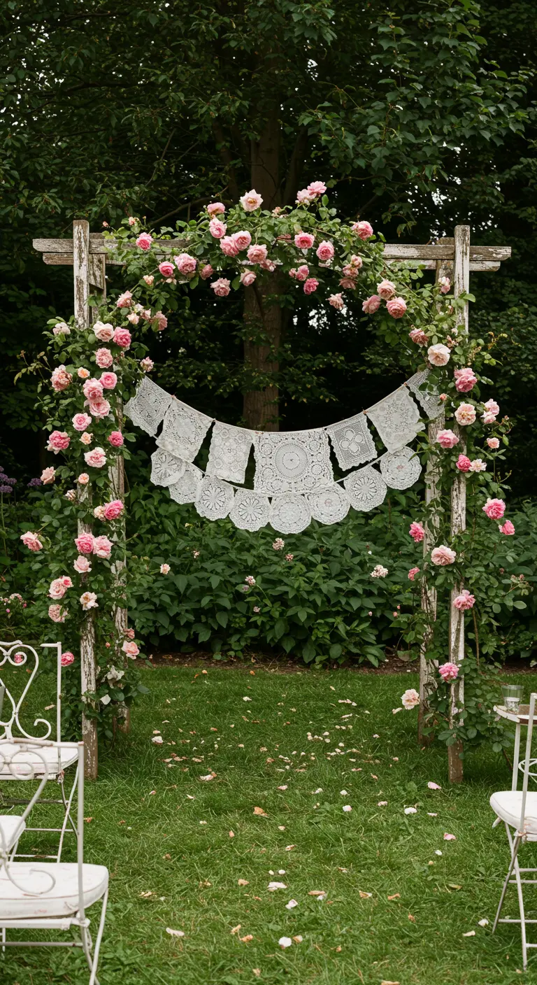 Arche de jardin blanche avec une guirlande de napperons en dentelle.