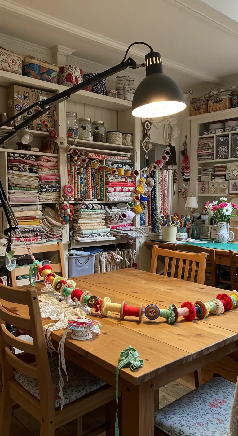 Guirlande faite de vieilles bobines de fil et de rubans colorés posée sur une table en bois d'atelier.